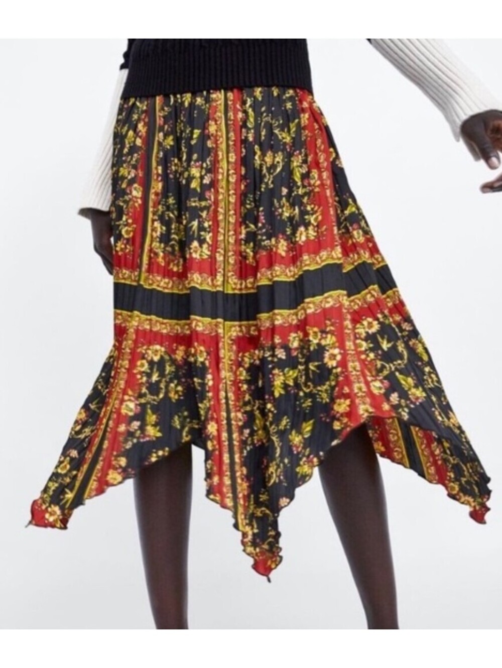ZARA black red handkerchief printed midi skirt sz S